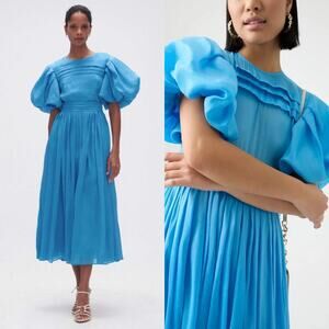 Aje Sylvia Dress Pintuck Midi Puff Sleeve Silk Linen Pleated Azure Blue Size 2